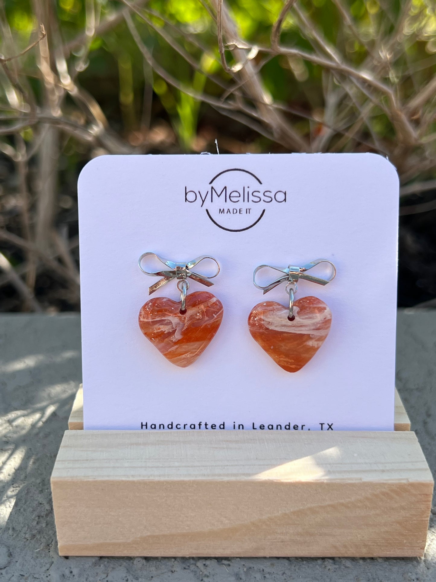 Orange and White Bowknot Heart Earrings in Silver