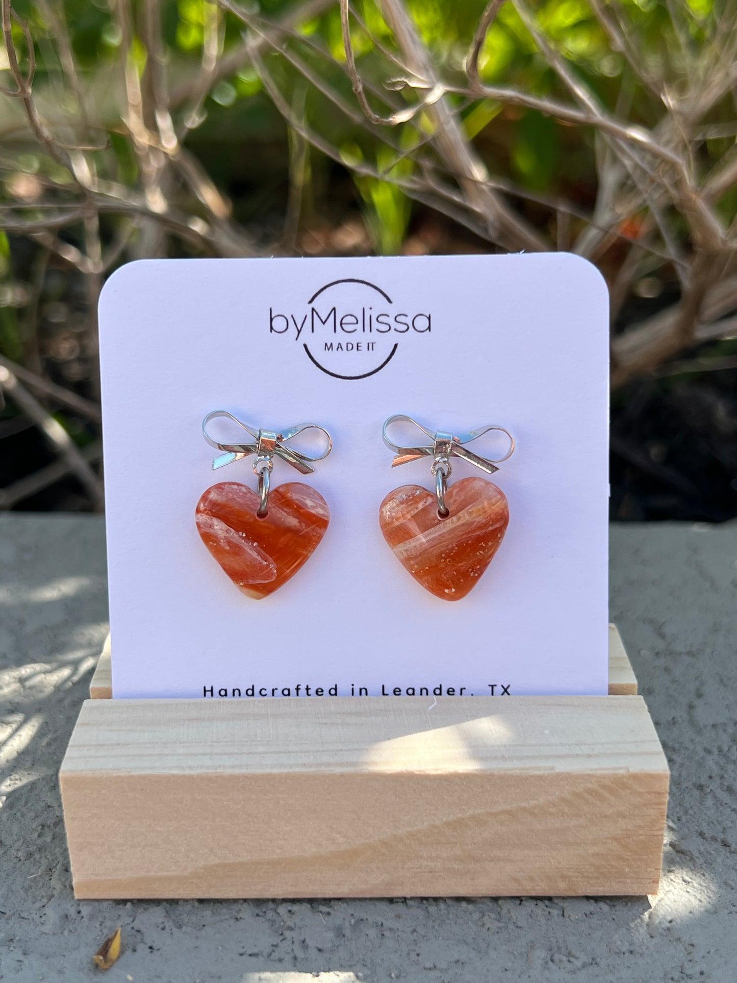 Orange and White Bowknot Heart Earrings in Silver