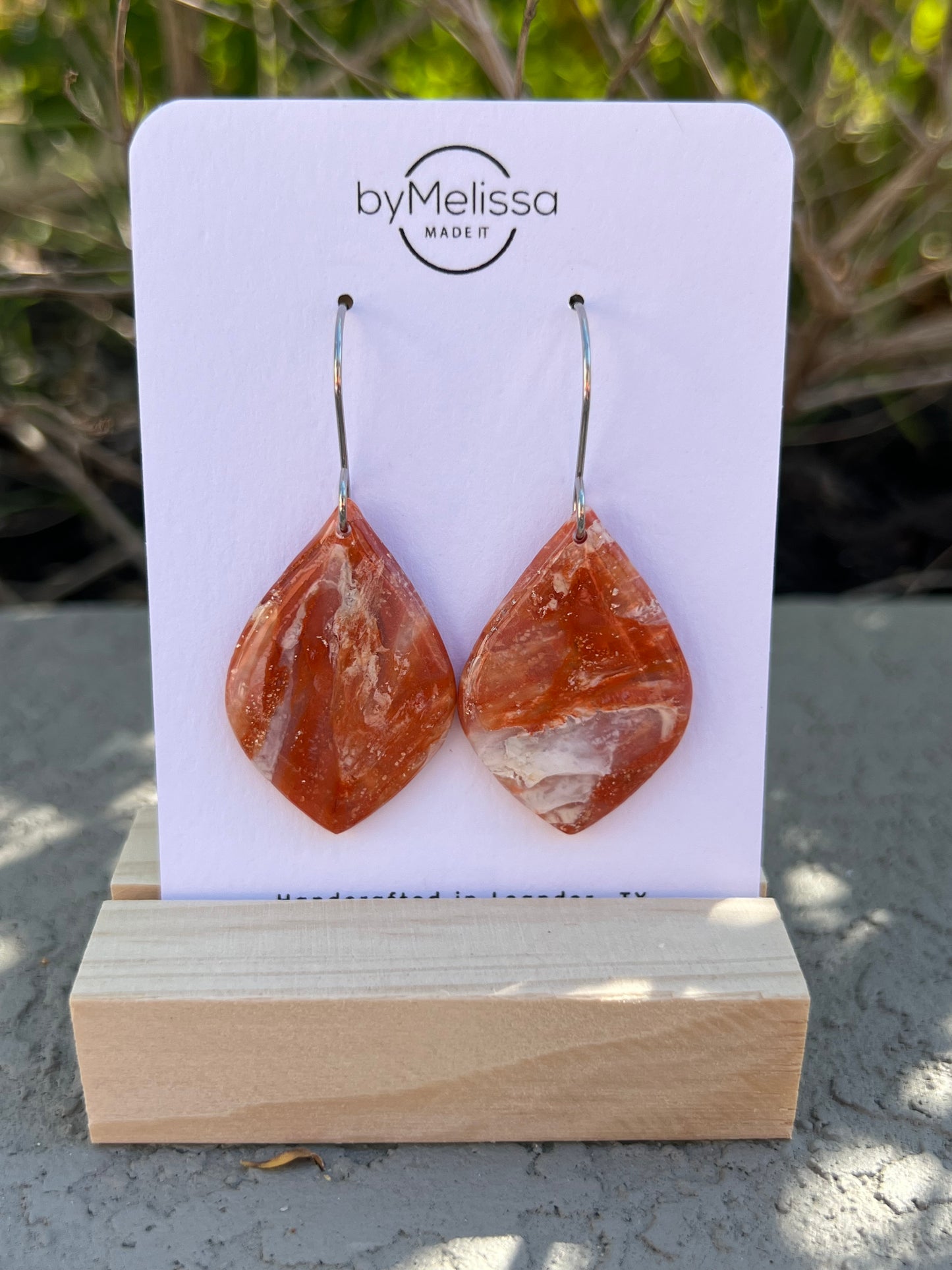 Orange and White Small Wide Kite Drop Earrings in Silver