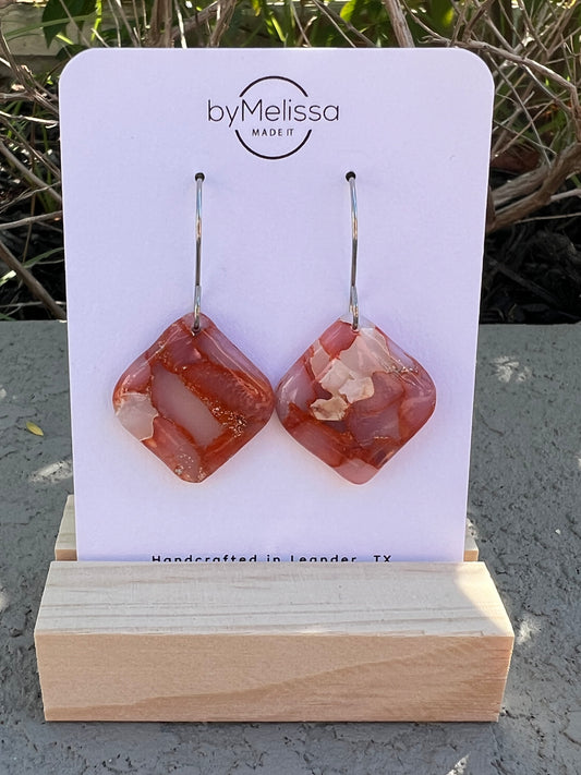 Orange and White Small Rounded Square Drop Earrings in Silver