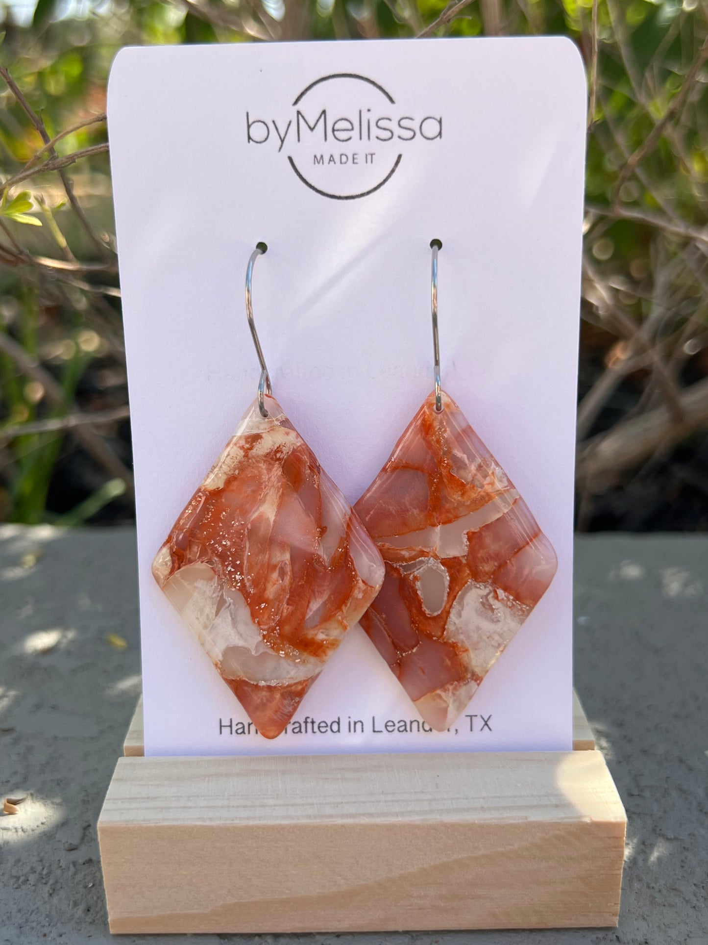 Orange and White Large Diamond Drop Earrings in Silver