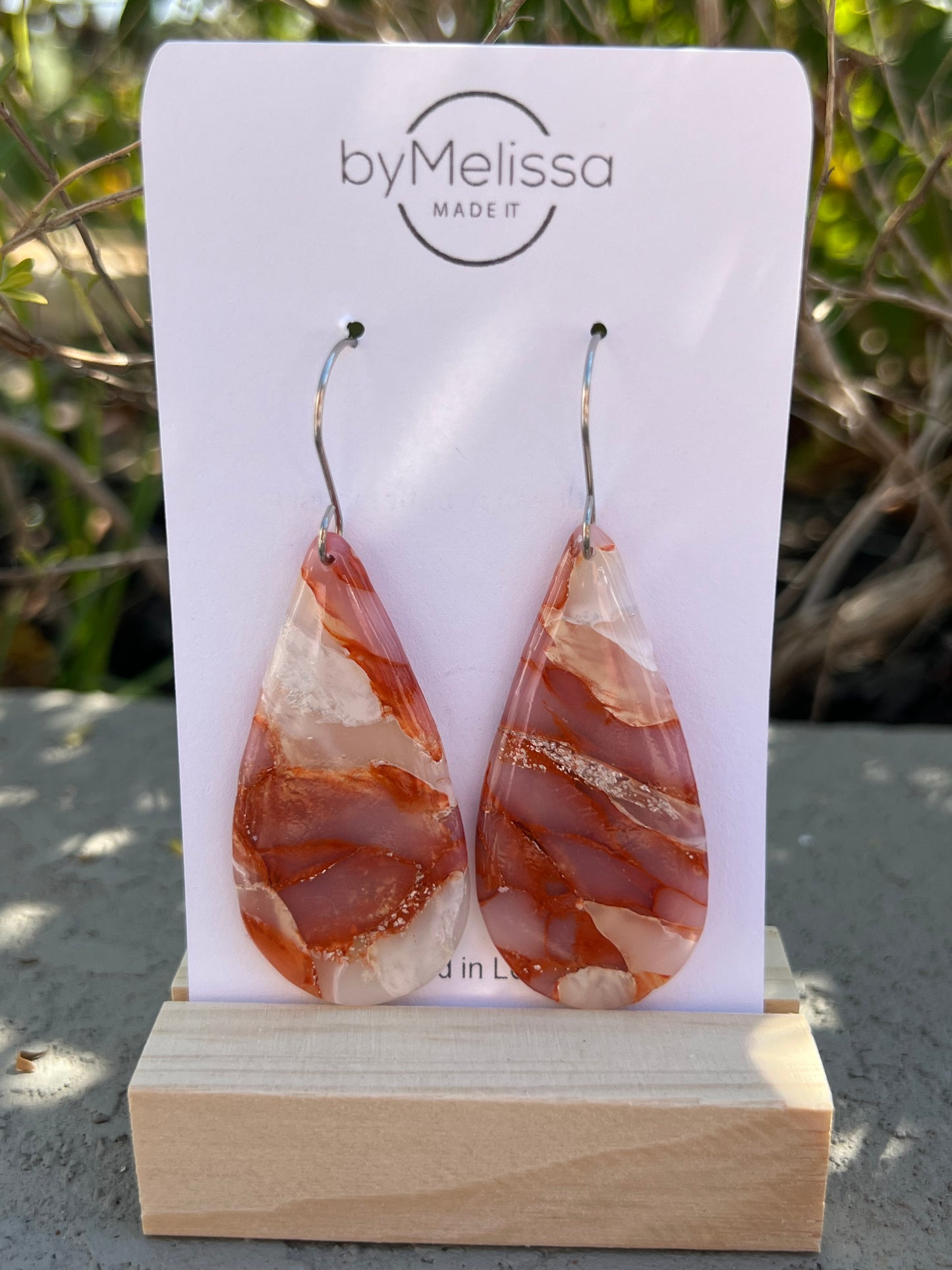 Orange and White Large Teardrop Drop Earrings in Silver