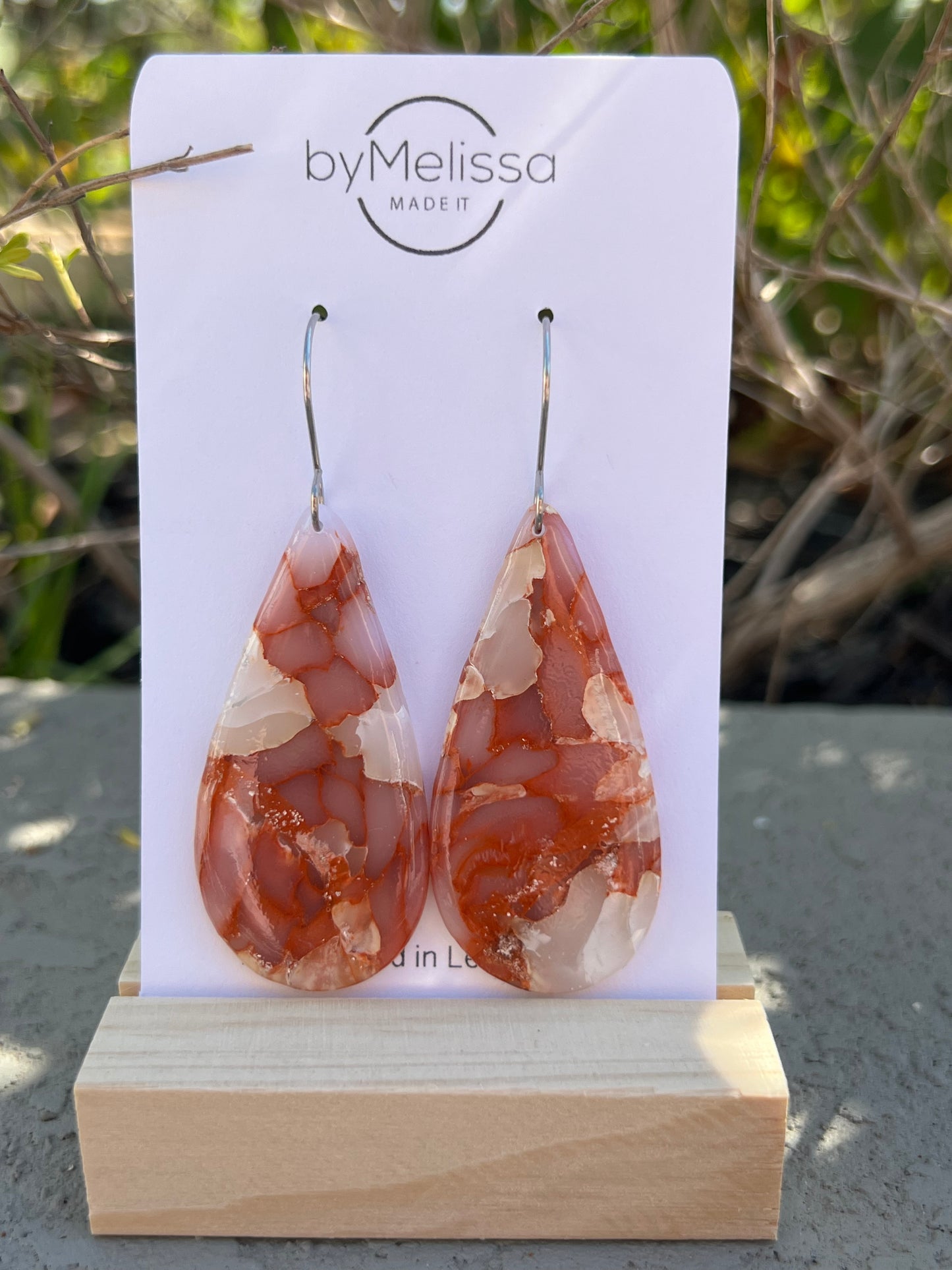 Orange and White Large Teardrop Drop Earrings in Silver