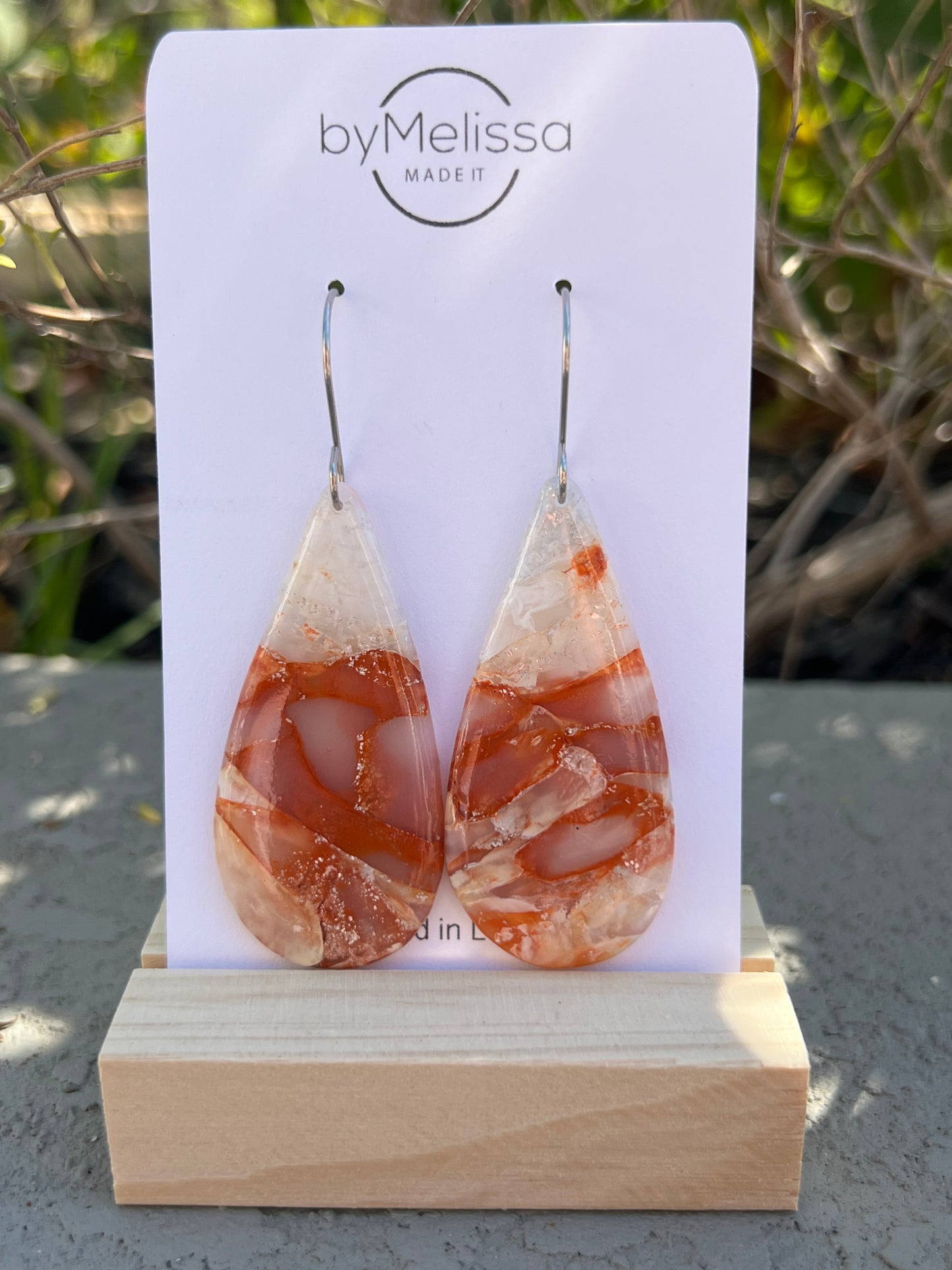 Orange and White Large Teardrop Drop Earrings in Silver