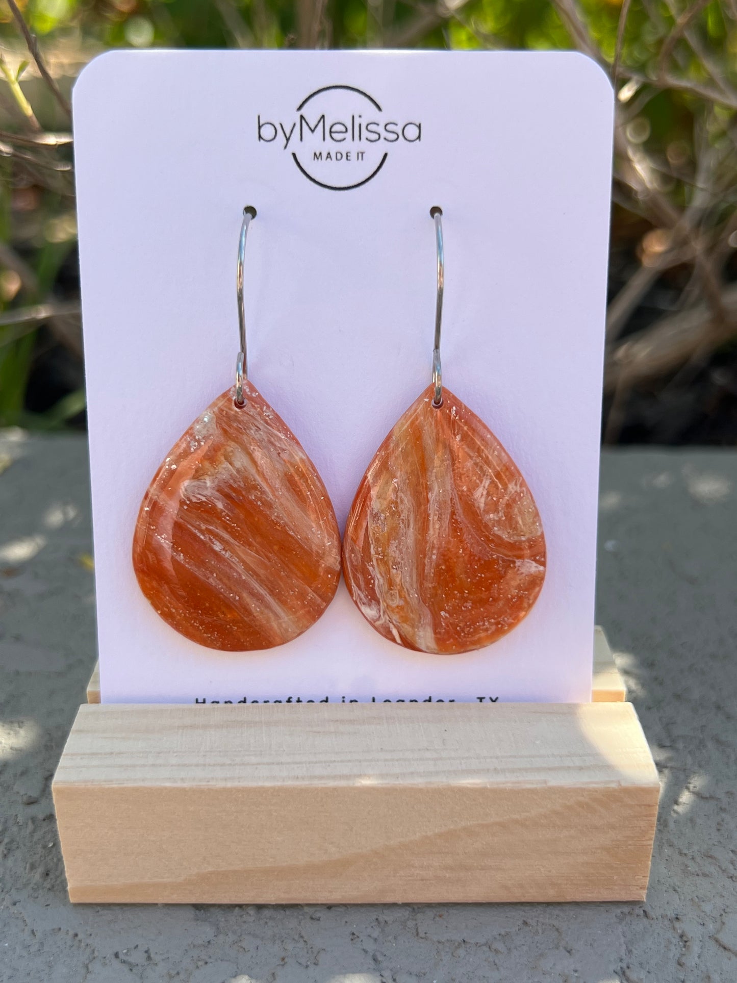 Orange and White Small Wide Teardrop Drop Earrings in Silver