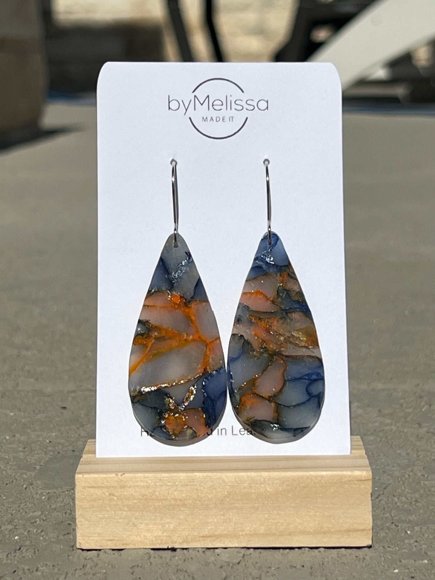 Navy and Orange Large Teardrop Drop Earrings in Silver