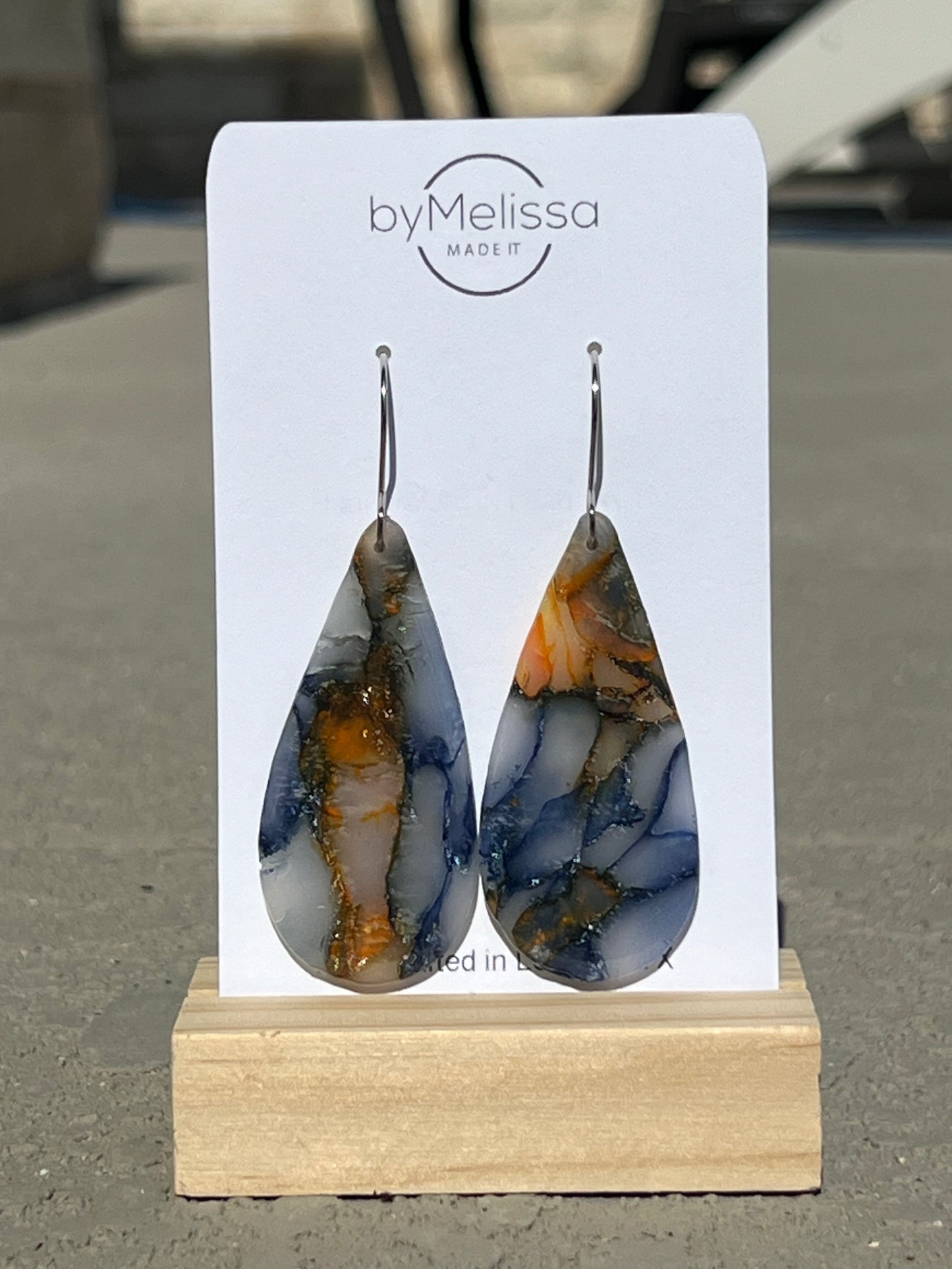 Navy and Orange Large Teardrop Drop Earrings in Silver