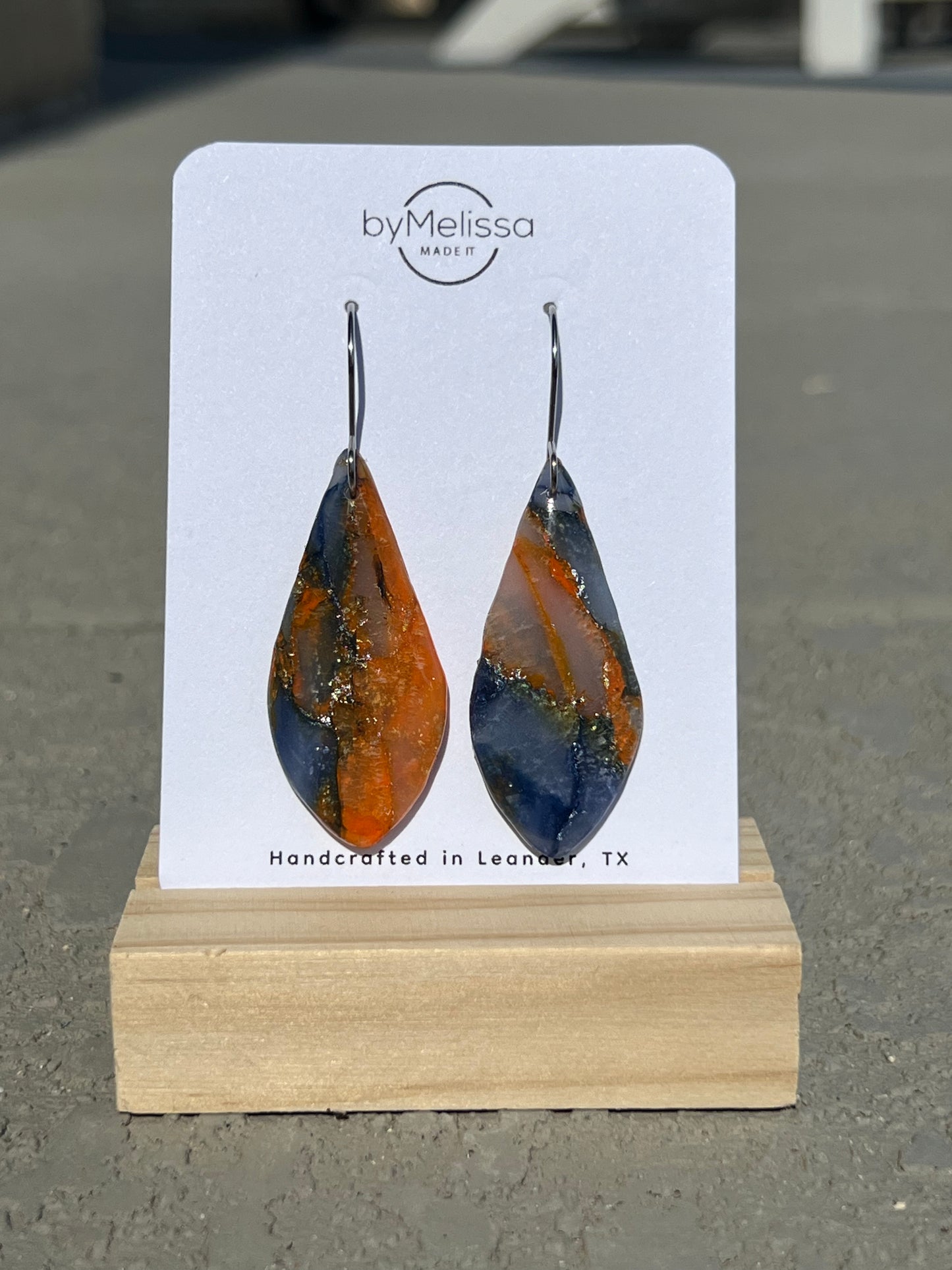 Navy and Orange Small Elongated Kite Drop Earrings in Silver