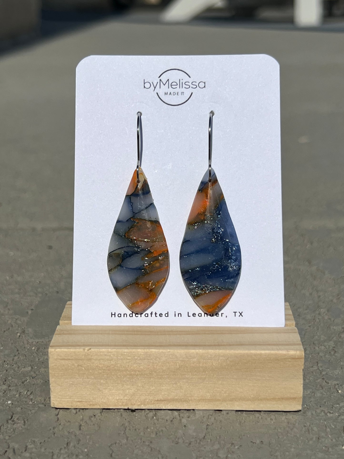 Navy and Orange Small Elongated Kite Drop Earrings in Silver