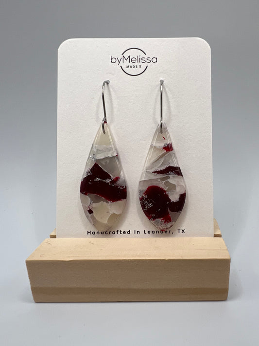 Maroon and White Small Elongated Kite Drop Earrings in Silver