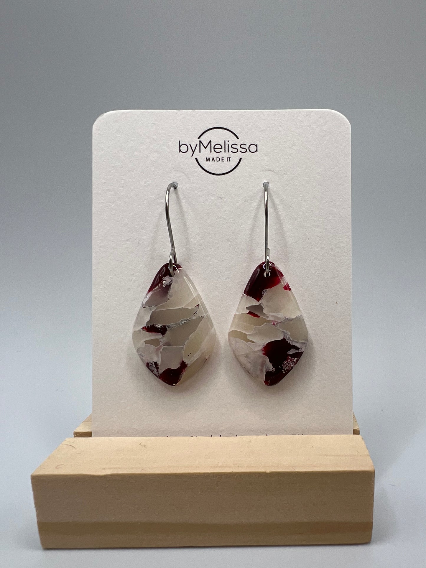 Maroon and White Small Kite Drop Earrings in Silver