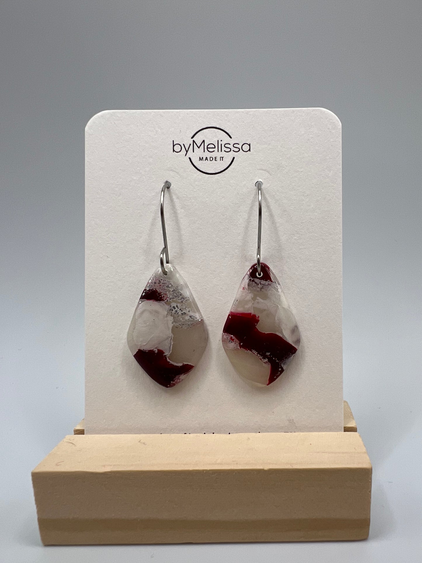 Maroon and White Small Kite Drop Earrings in Silver