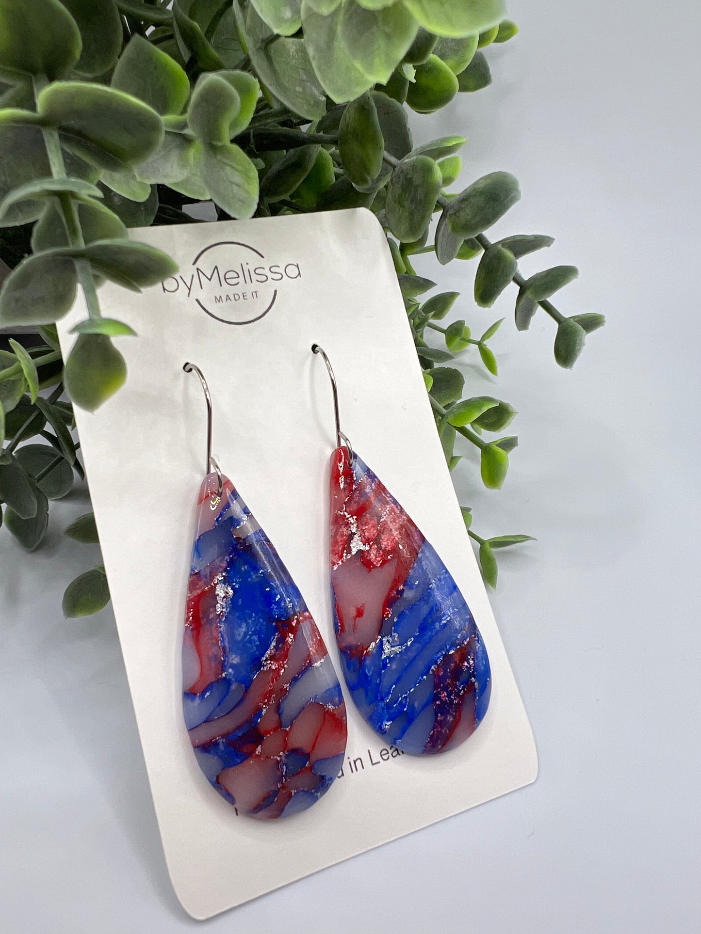 Red and Blue Large Teardrop Drop Earrings in Silver