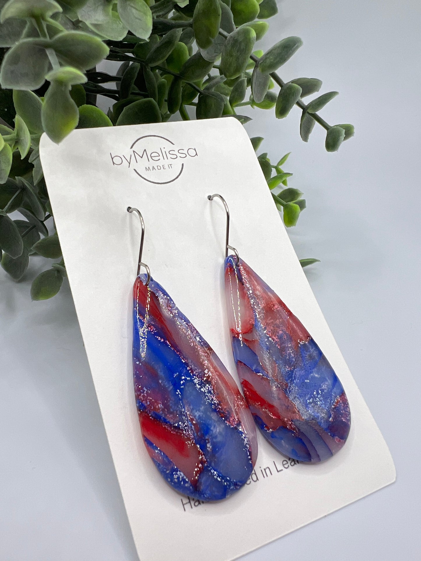 Red and Blue Large Teardrop Drop Earrings in Silver