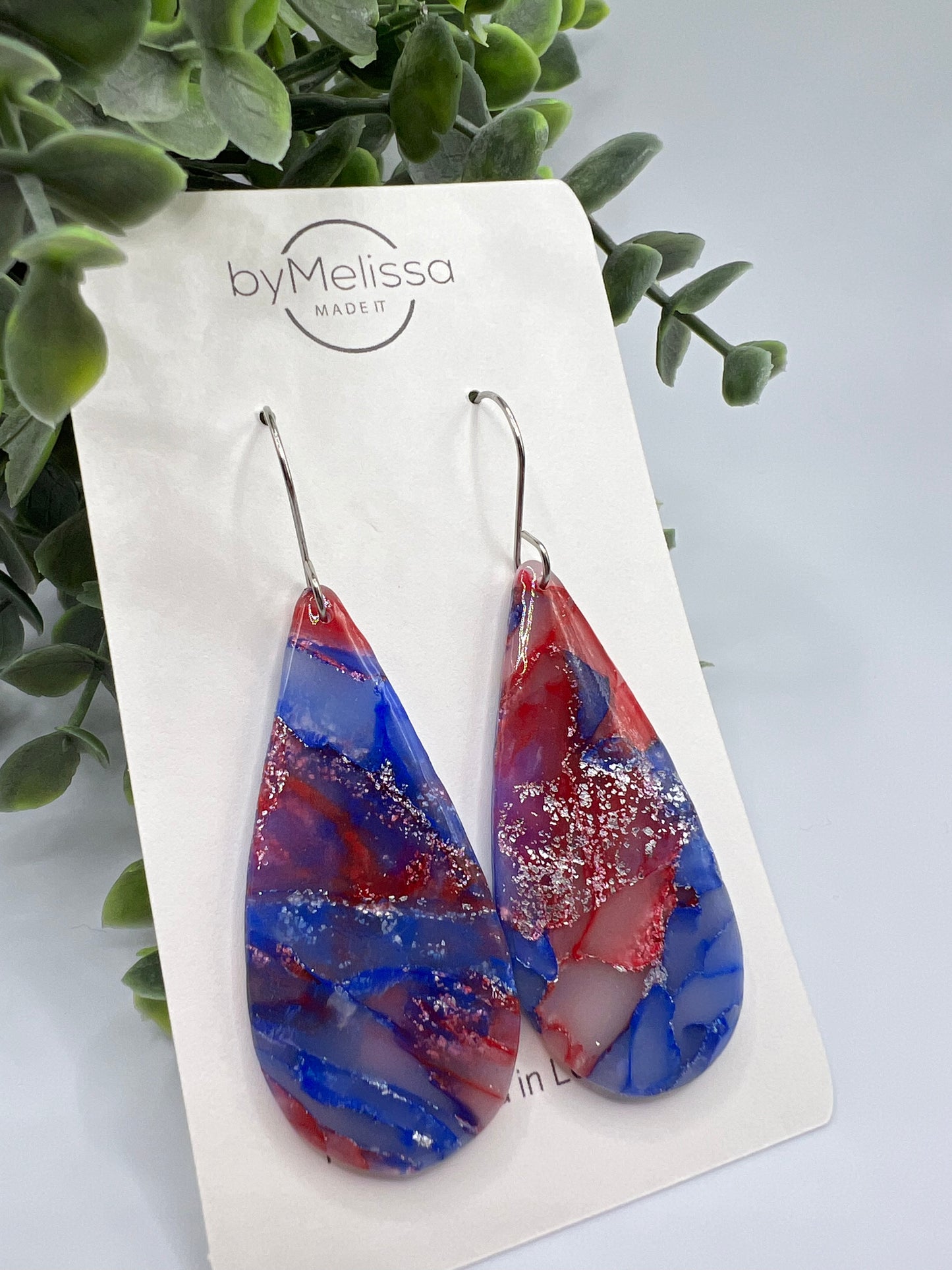 Red and Blue Large Teardrop Drop Earrings in Silver