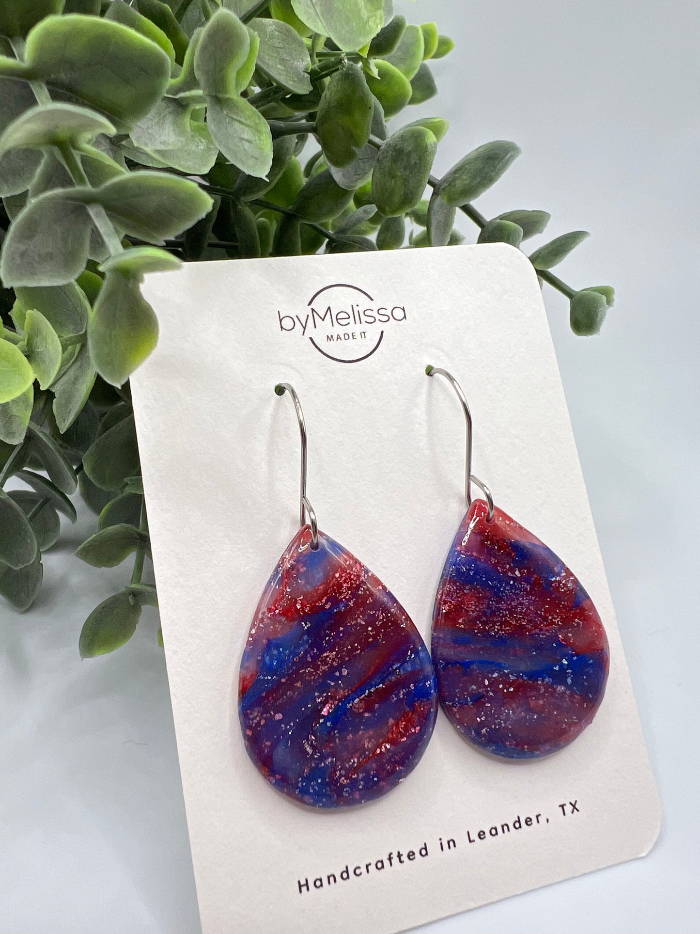 Red and Blue Small Wide Teardrop Drop Earrings in Silver