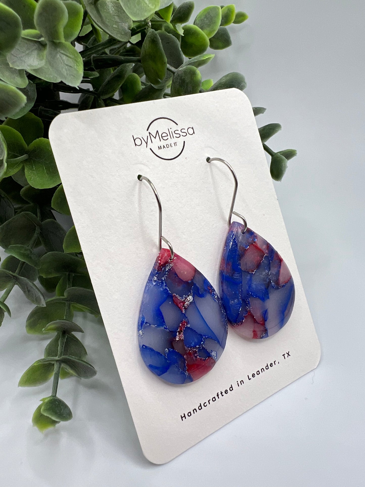 Red and Blue Small Wide Teardrop Drop Earrings in Silver