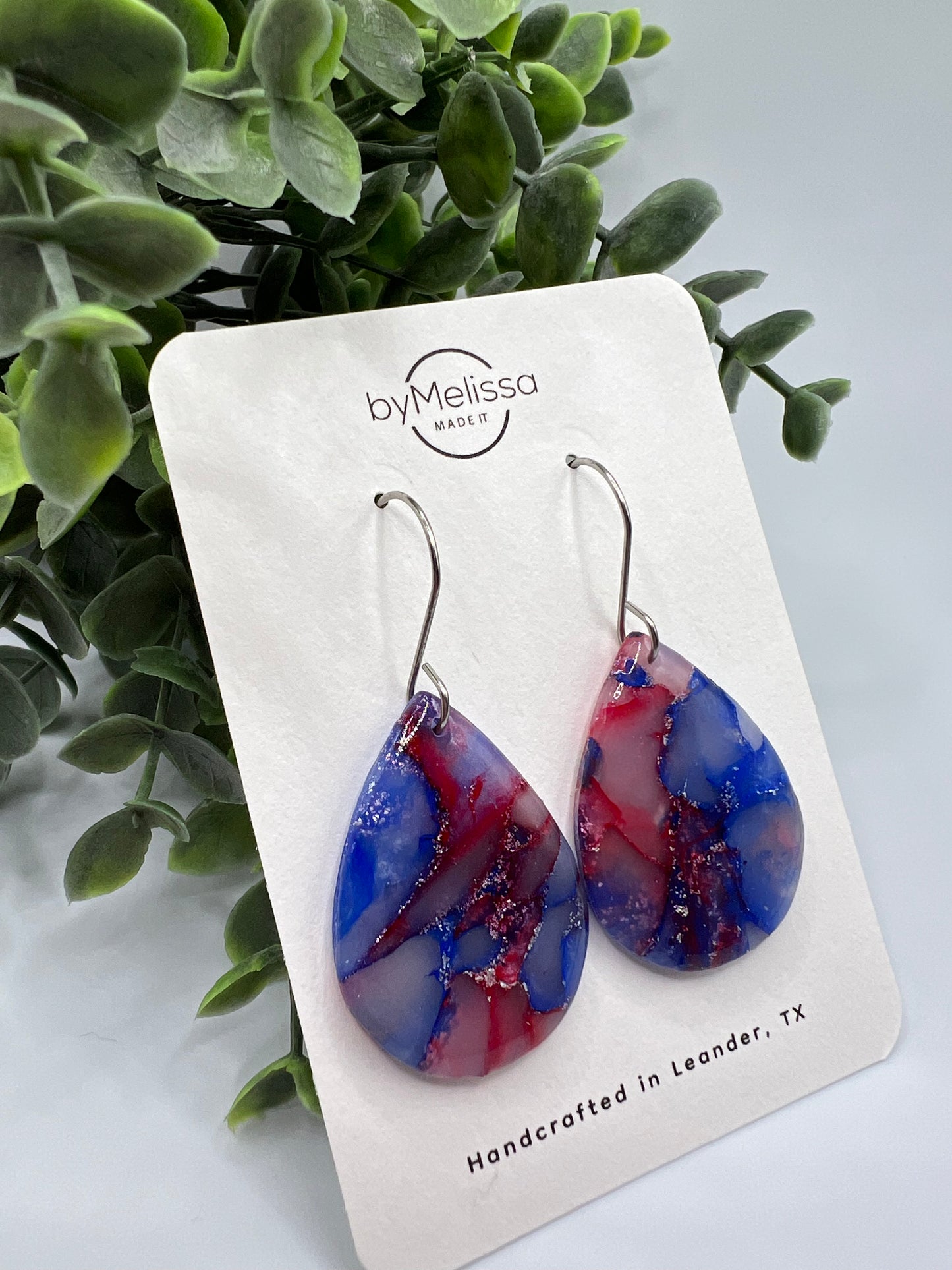 Red and Blue Small Wide Teardrop Drop Earrings in Silver