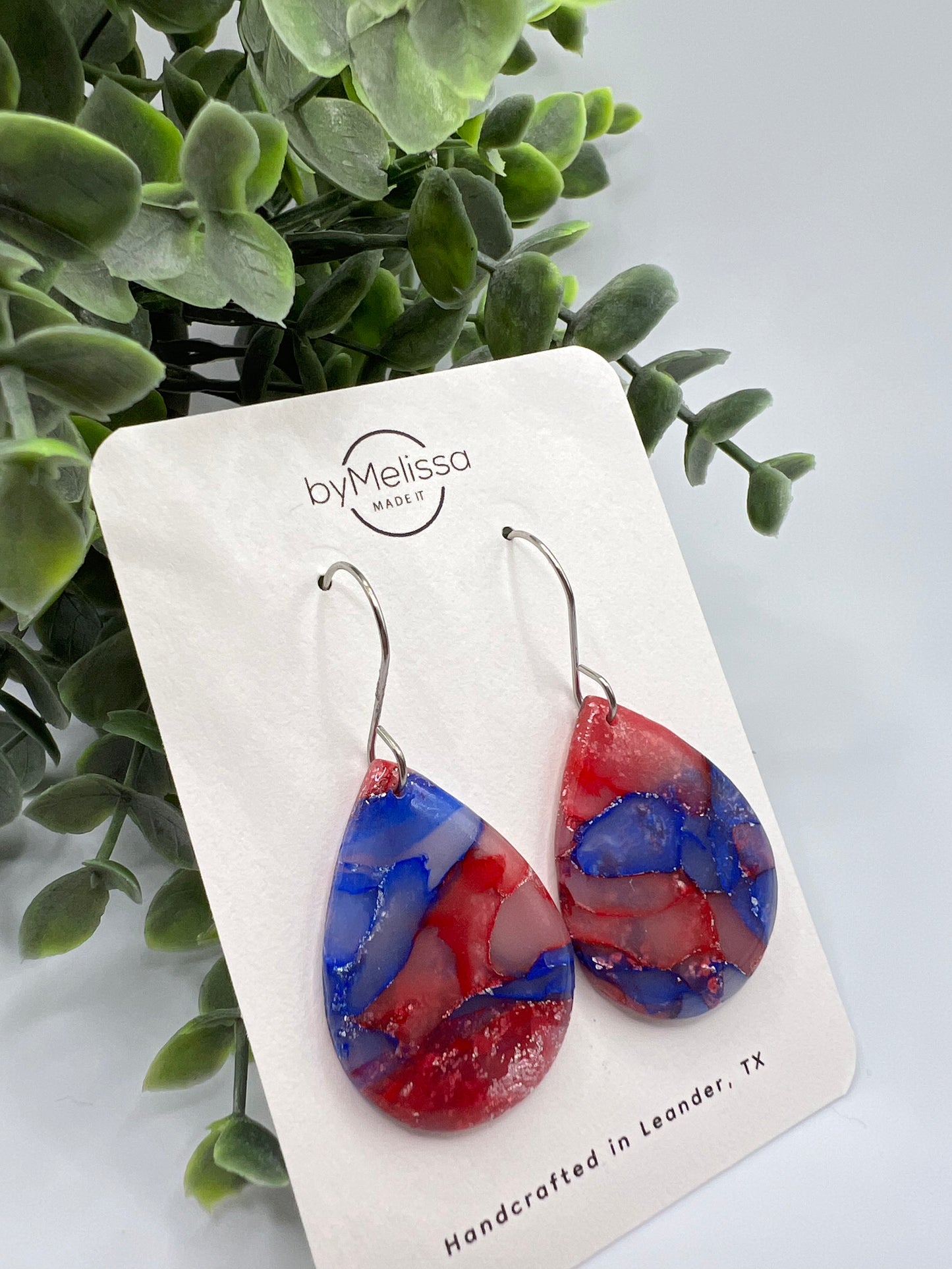 Red and Blue Small Wide Teardrop Drop Earrings in Silver