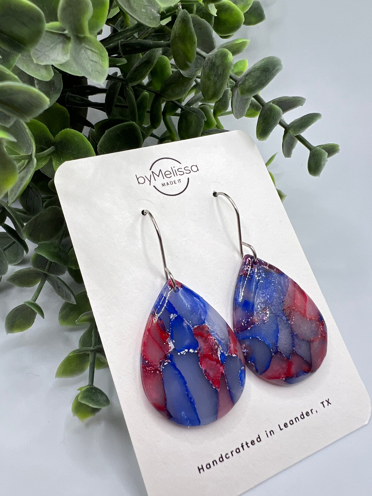 Red and Blue Small Wide Teardrop Drop Earrings in Silver