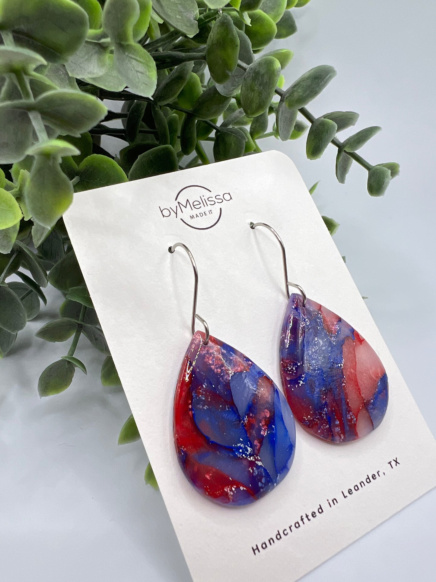 Red and Blue Small Wide Teardrop Drop Earrings in Silver