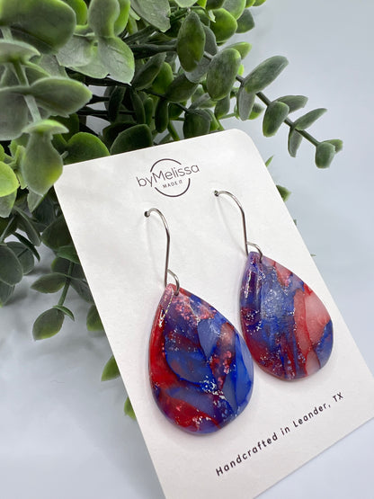 Red and Blue Small Wide Teardrop Drop Earrings in Silver