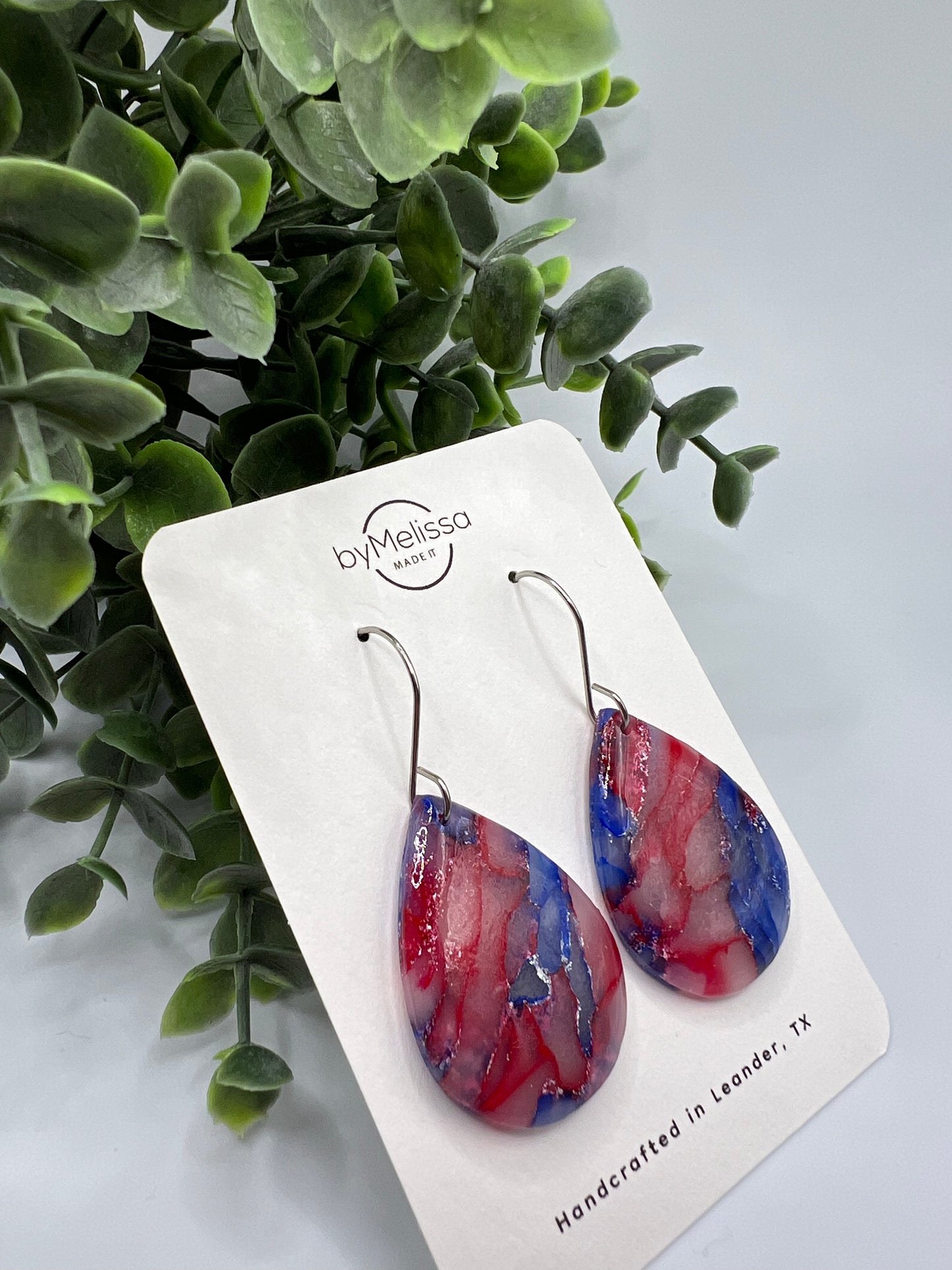 Red and Blue Small Wide Teardrop Drop Earrings in Silver