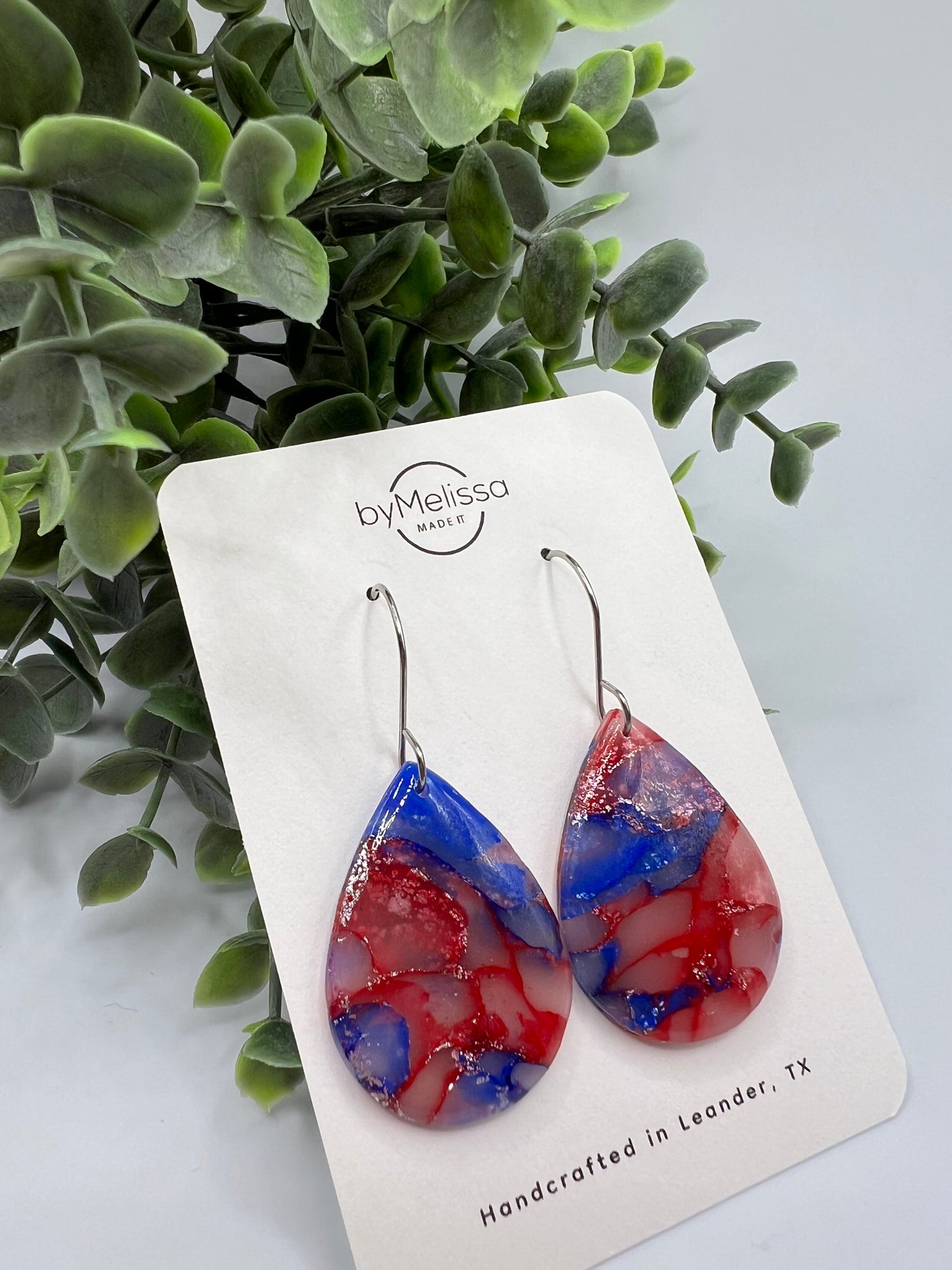 Red and Blue Small Wide Teardrop Drop Earrings in Silver