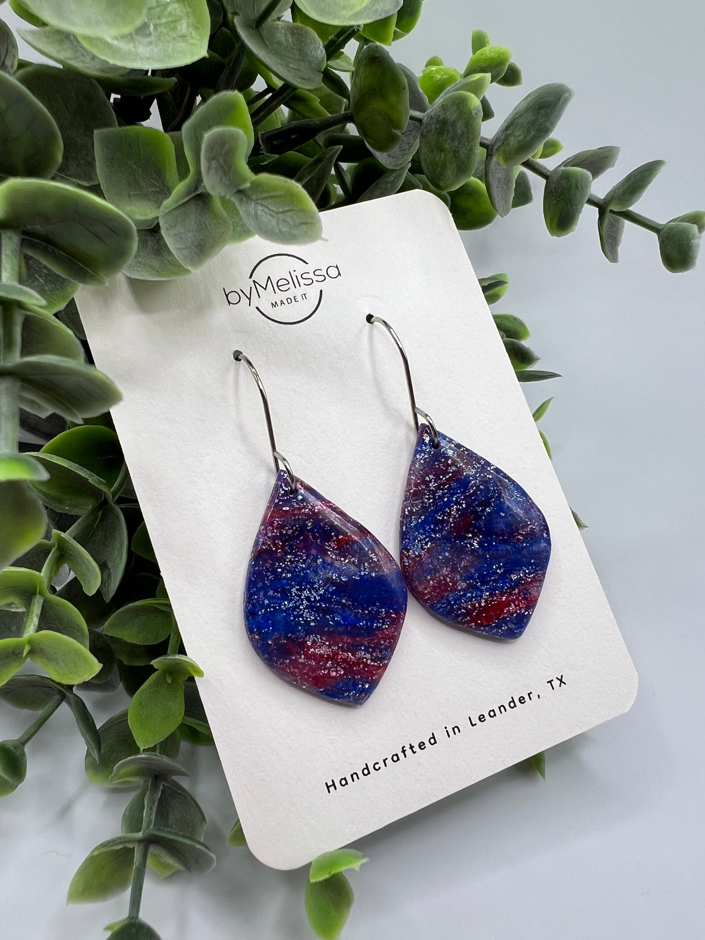 Red and Blue Small Wide Leaf Drop Earrings in Silver