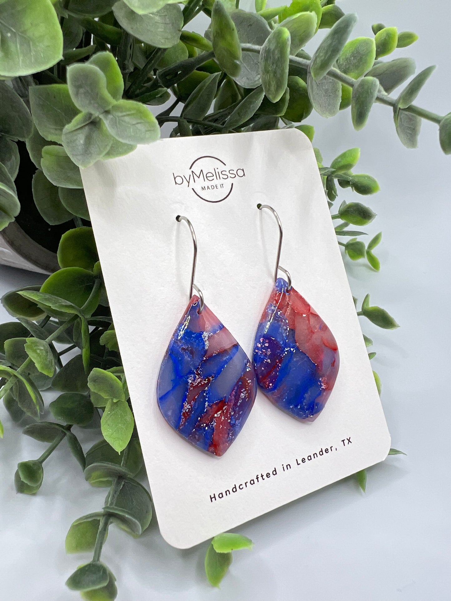 Red and Blue Small Wide Leaf Drop Earrings in Silver