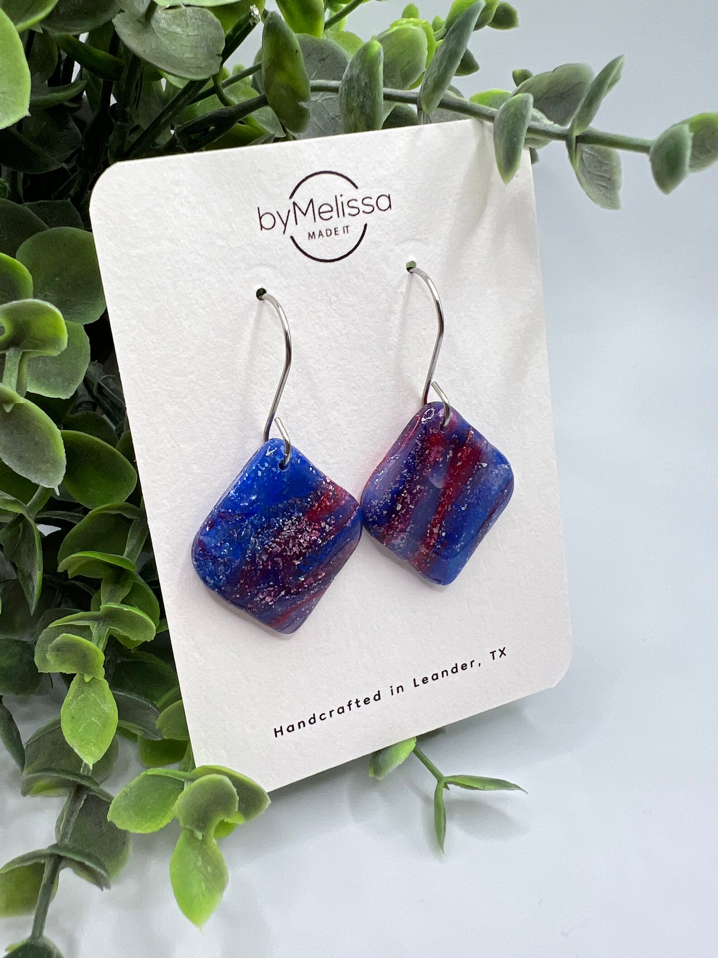 Red and Blue Rounded Square Drop Earrings in Silver