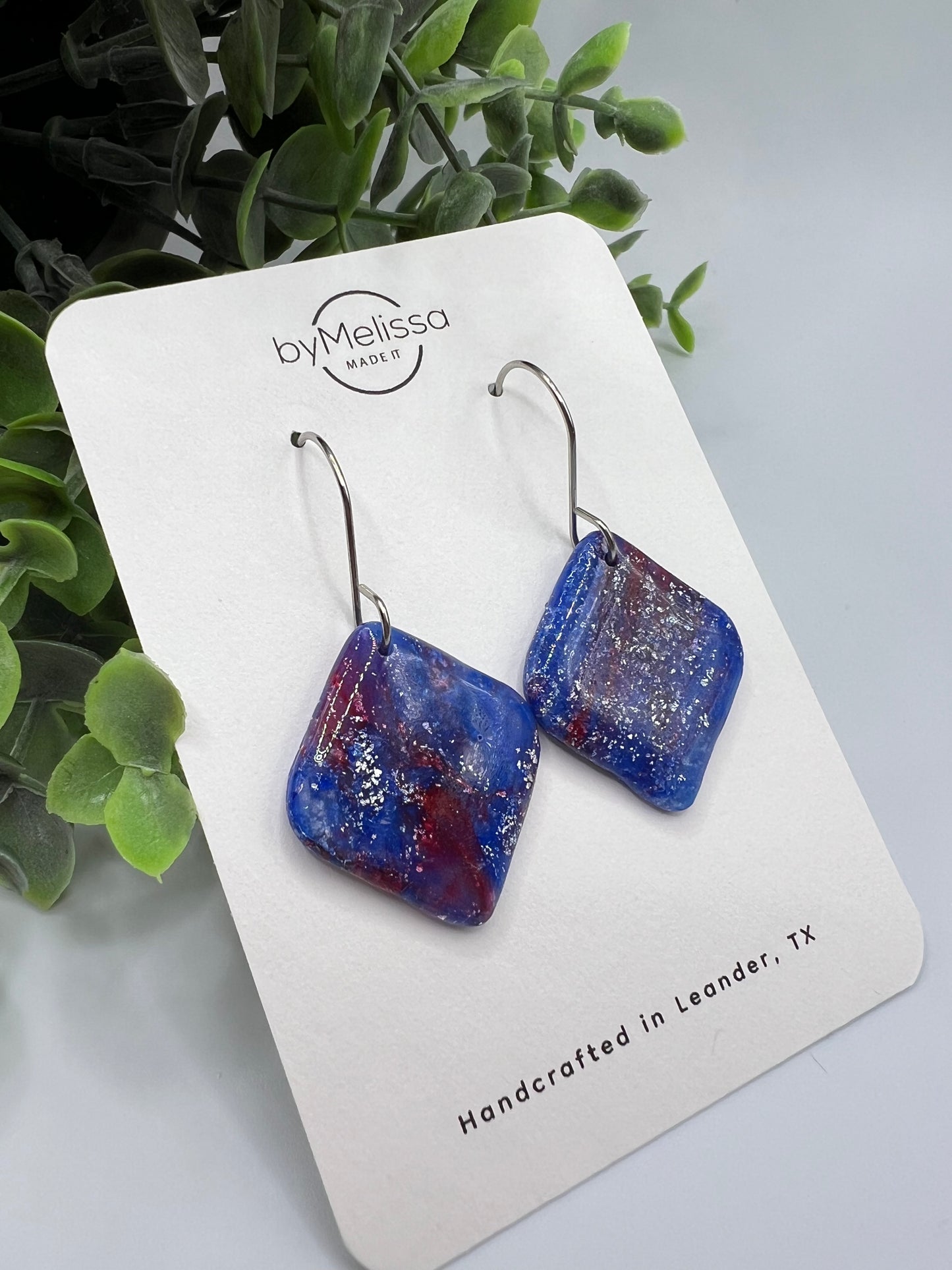 Red and Blue Rounded Square Drop Earrings in Silver