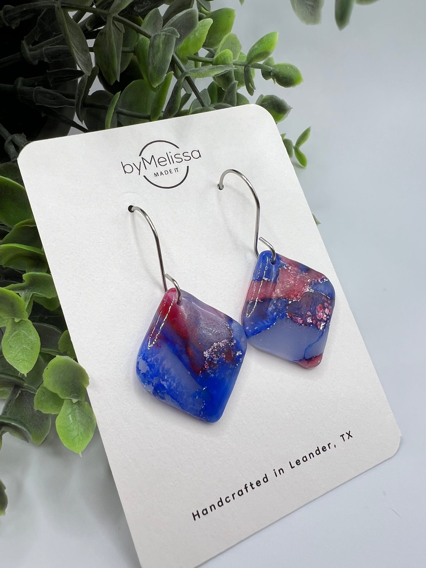 Red and Blue Rounded Square Drop Earrings in Silver