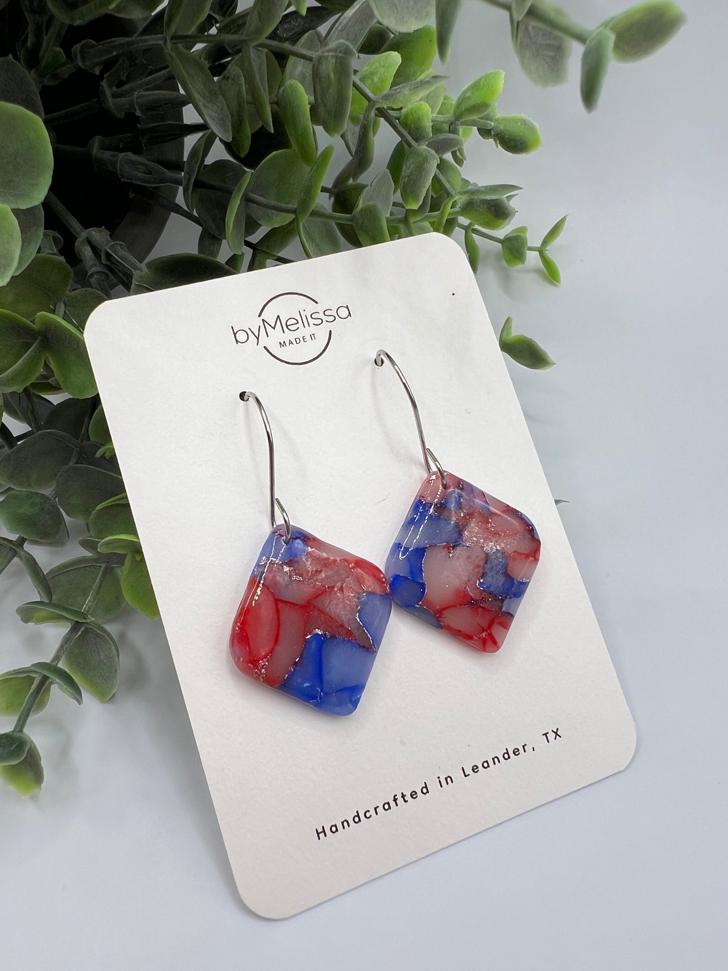 Red and Blue Rounded Square Drop Earrings in Silver