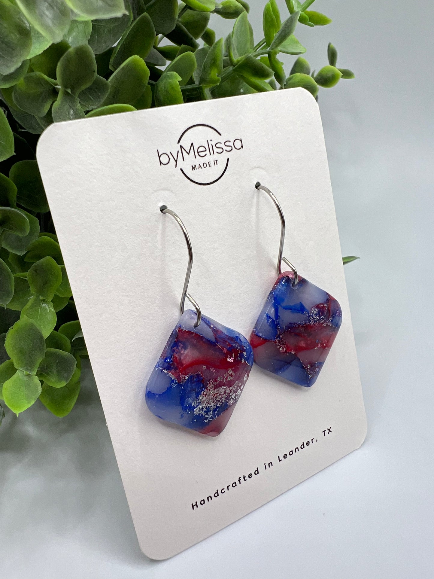 Red and Blue Rounded Square Drop Earrings in Silver