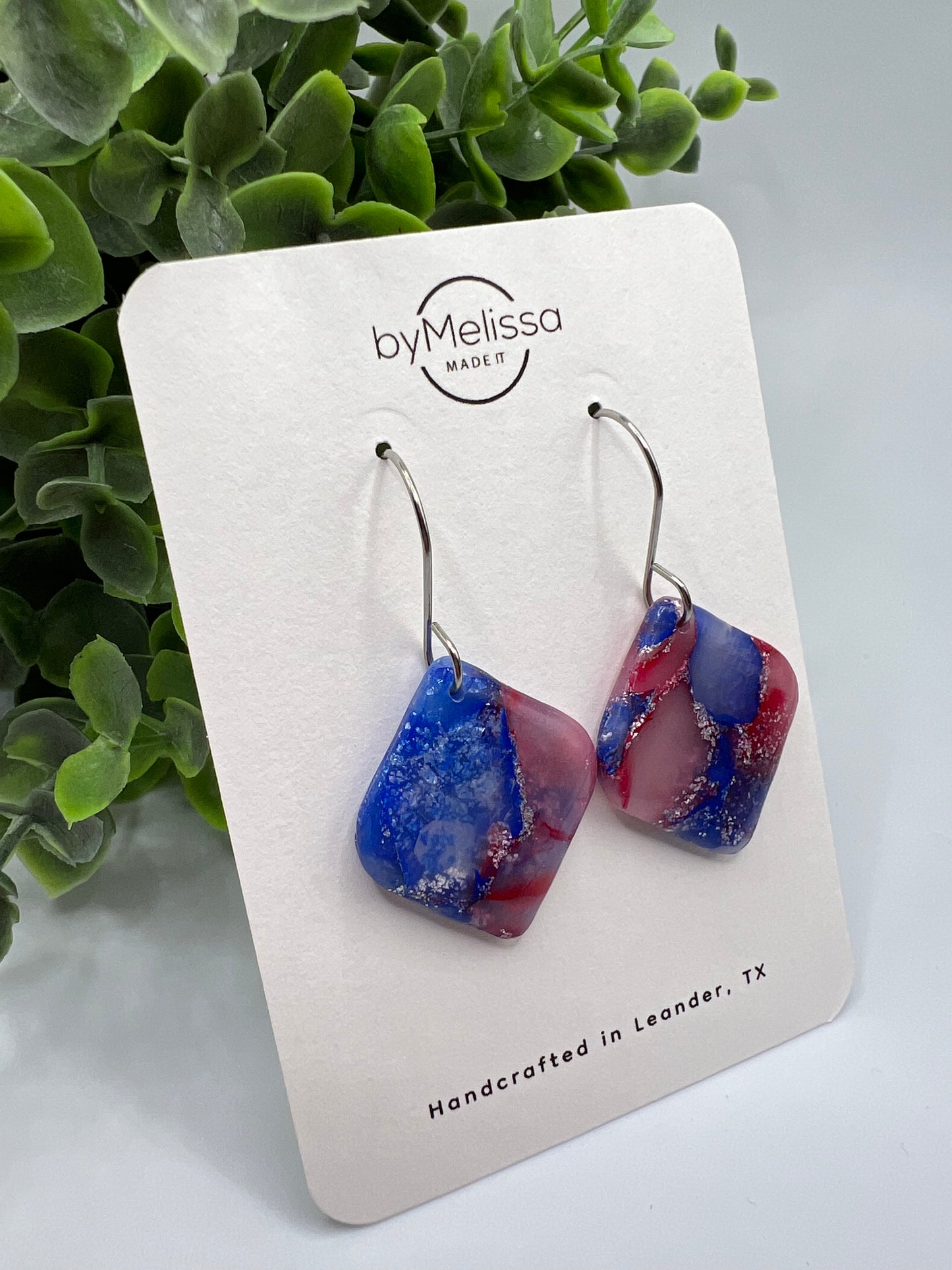 Red and Blue Rounded Square Drop Earrings in Silver