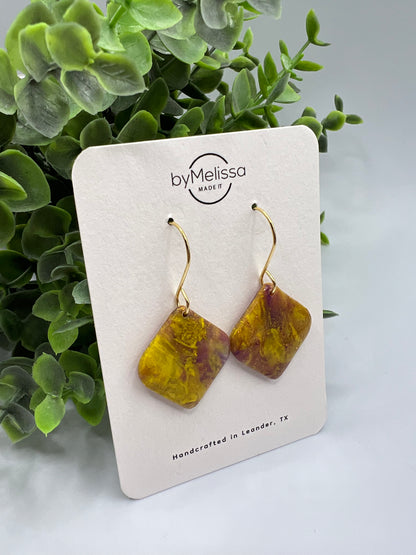 Purple and Gold Rounded Square Drop Earrings in Gold