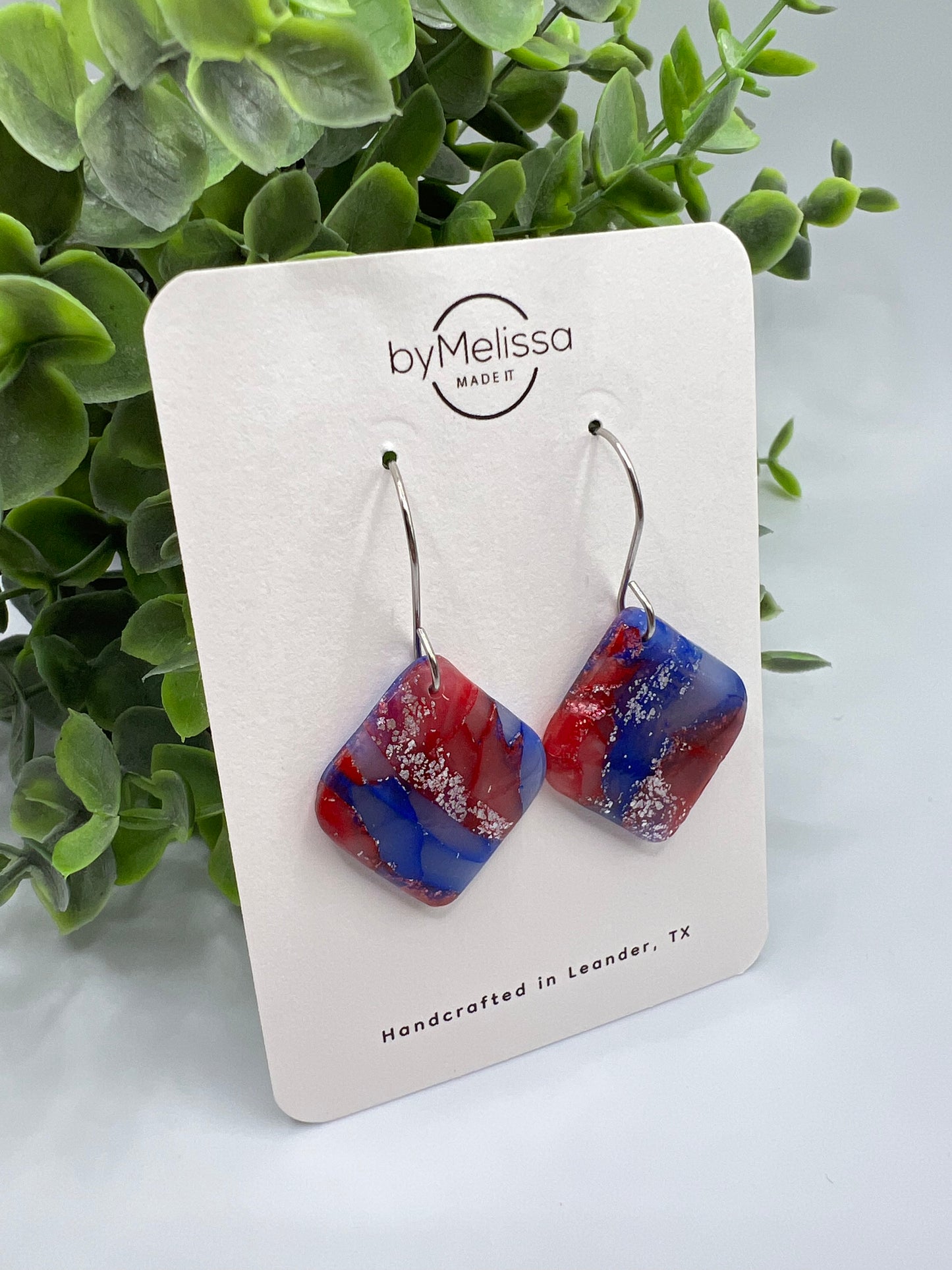 Red and Blue Rounded Square Drop Earrings in Silver