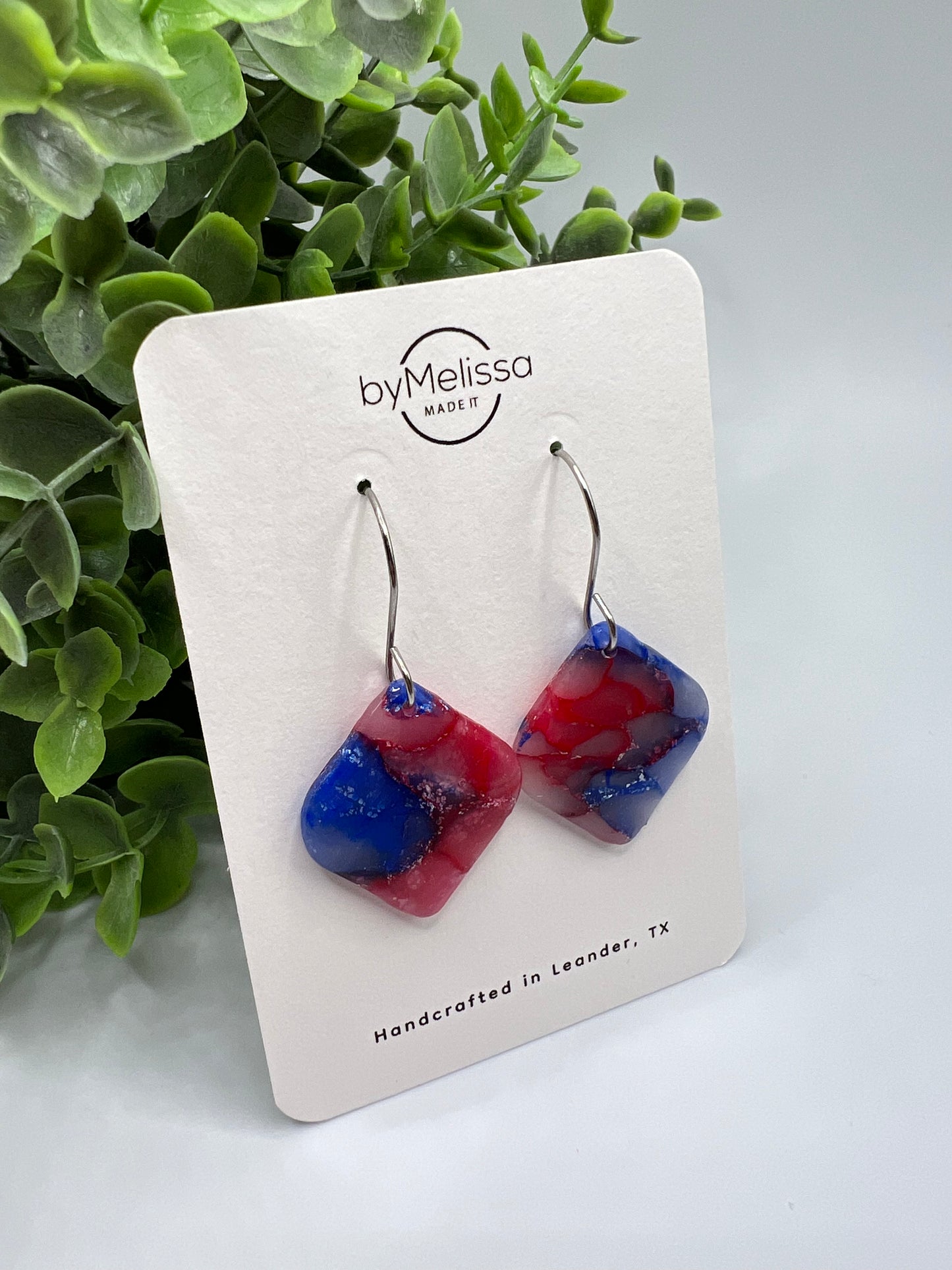 Red and Blue Rounded Square Drop Earrings in Silver