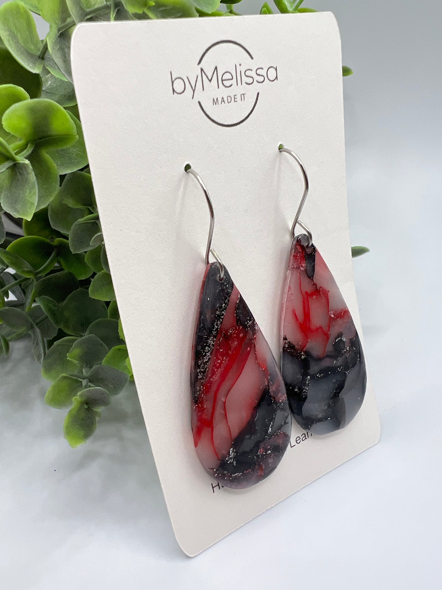 Red and Black Large Teardrop Drop Earrings in Silver