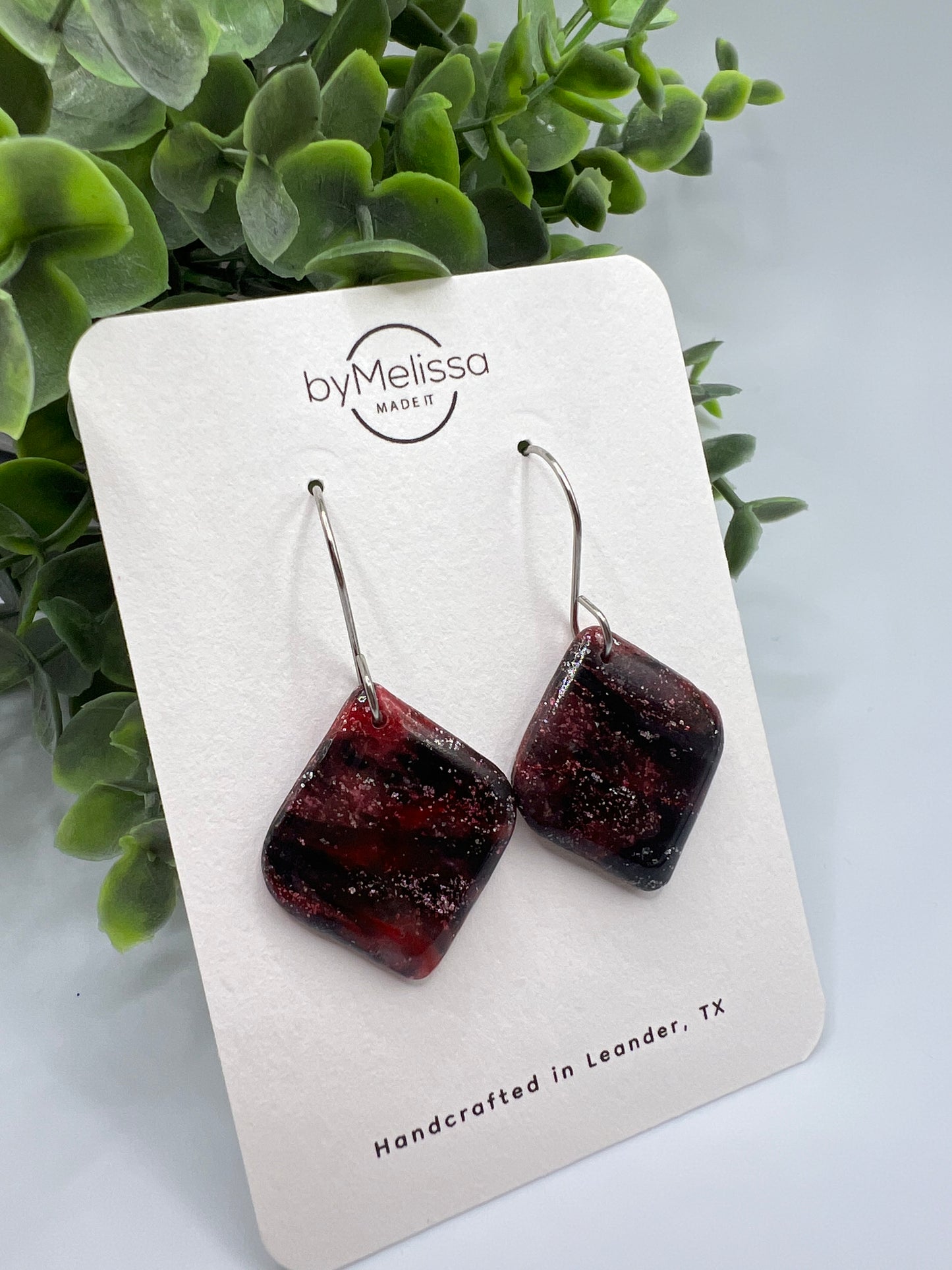 Red and Black Small Rounded Square Drop Earrings in Silver