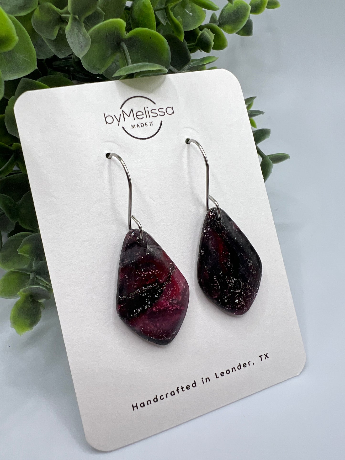 Red and Black Small Kite Drop Earrings in Silver