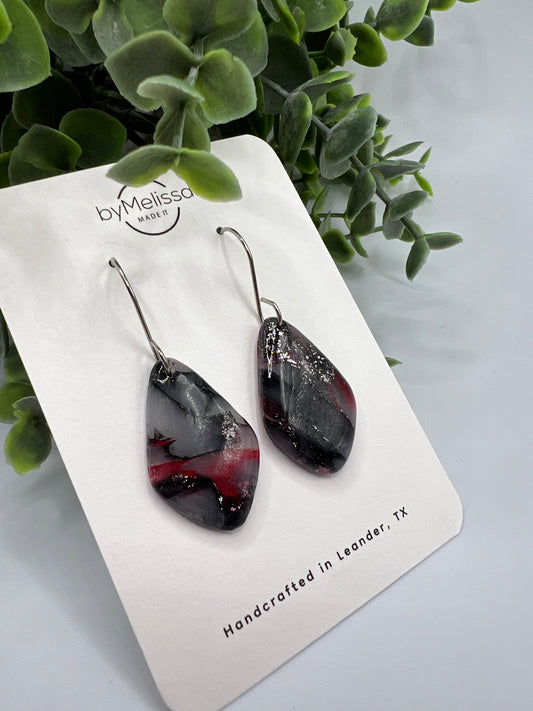 Red and Black Small Kite Drop Earrings in Silver