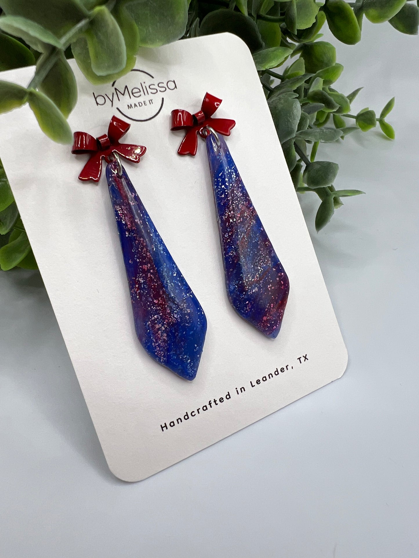 Red and Blue Skinny Small Elongated Kite Drop Earrings with Red Bows