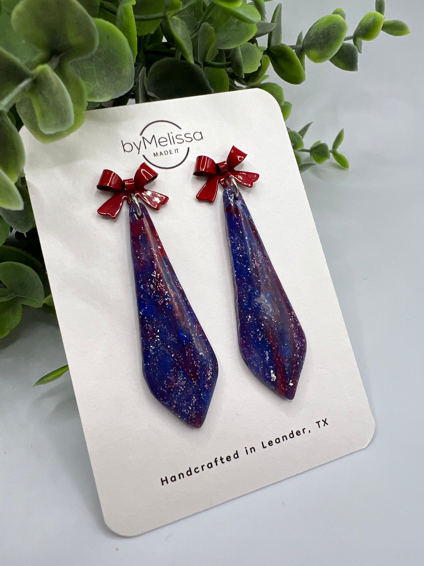 Red and Blue Skinny Small Elongated Kite Drop Earrings with Red Bows