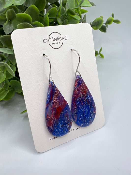 Red and Blue Small Teardrop Drop Earrings in Silver