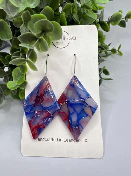 Red and Blue Large Diamond Drop Earrings in Silver