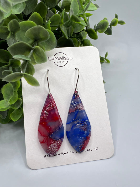 Red and Blue Small Elongated Kite Drop Earrings in Silver