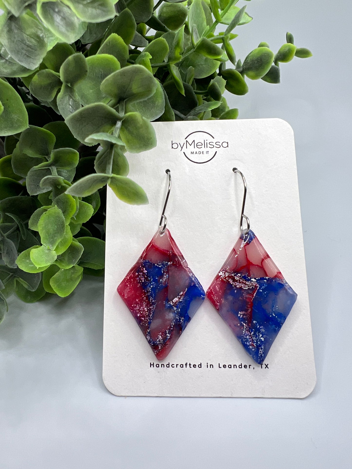 Red and Blue Small Diamond Drop Earrings in Silver