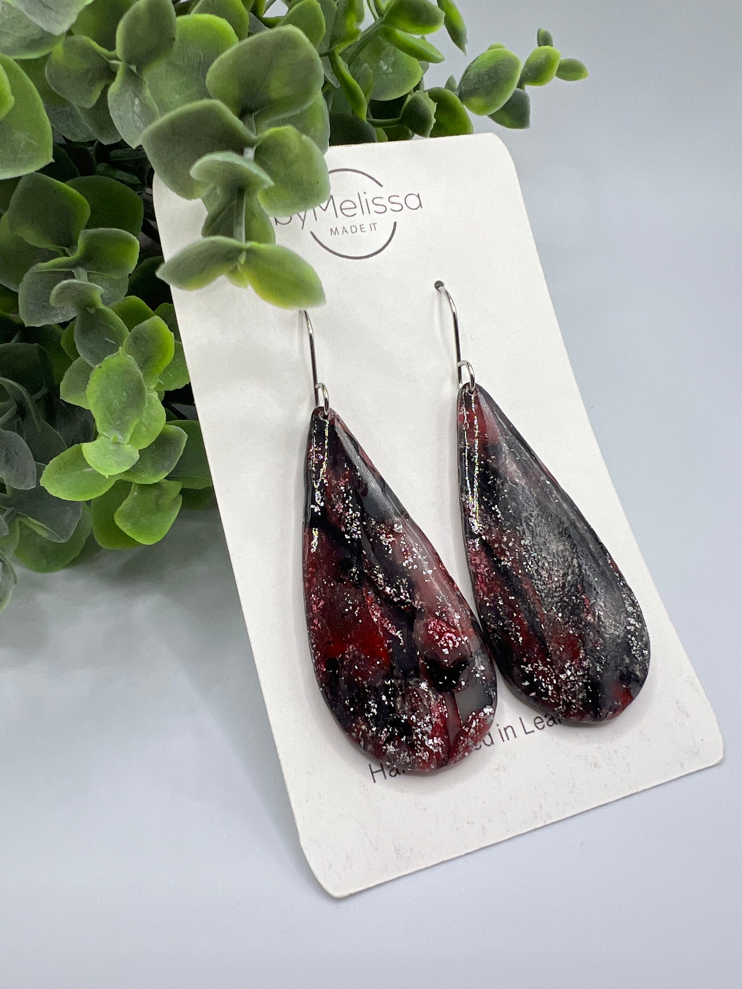 Red and Black Large Teardrop Drop Earrings in Silver